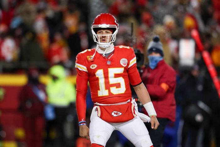 KANSAS CITY, MISSOURI - JANUARY 13: Patrick Mahomes #15 of the Kansas City Chiefs reacts during an NFL Super Wild Card Weekend playoff game against the Miami Dolphins at GEHA Field at Arrowhead Stadium on January 13, 2024 in Kansas City, Missouri. (Photo by Kara Durrette/Getty Images)